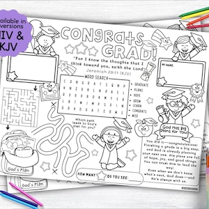 Graduation Activity Placemat, Moving Up Bible-based Coloring Placemat for Christian Kids Activity for Sunday School or Homeschooling