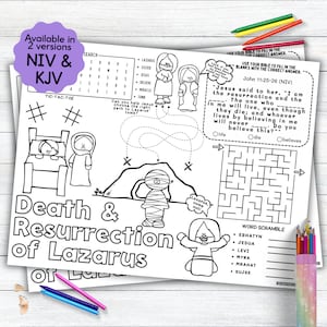 Lazarus Activity Placemat, Miracles of Jesus Bible Story Coloring Placemat as Kids Activity for Sunday School or Homeschooling