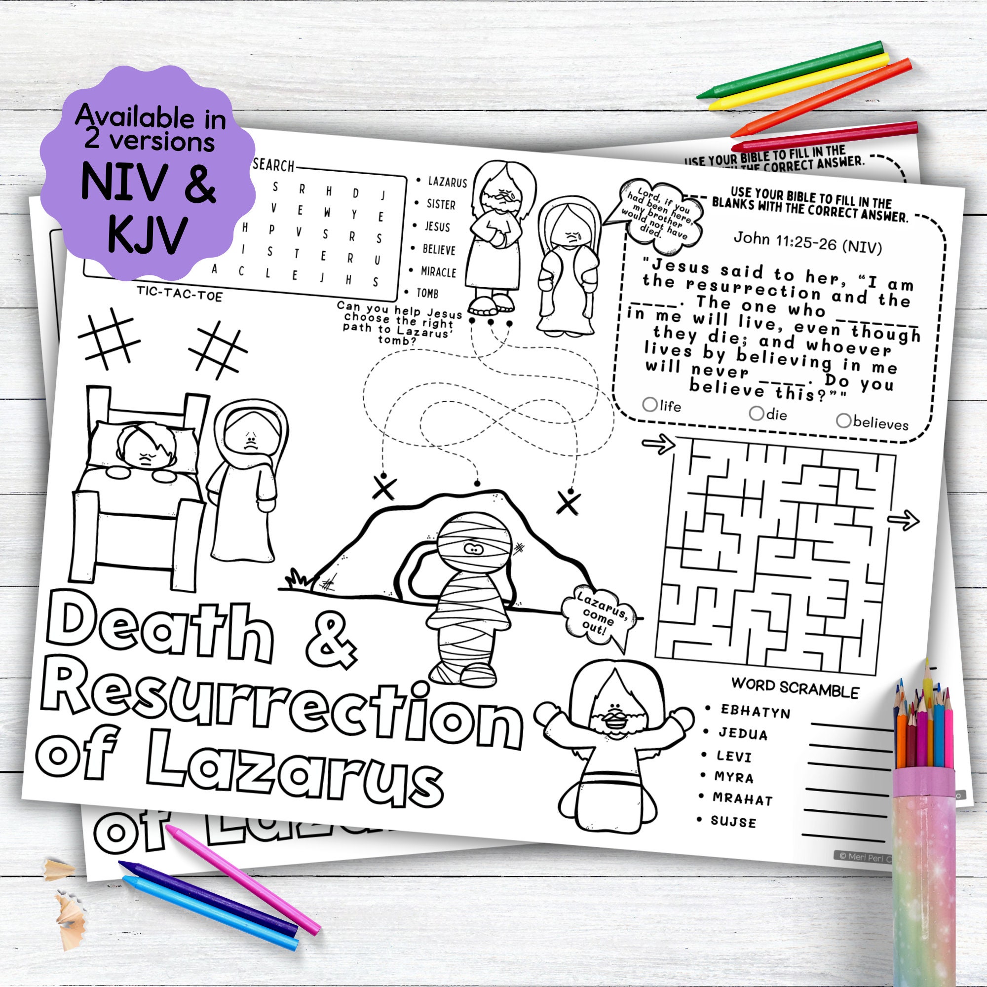 Lazarus Activity Placemat, Miracles of Jesus Bible Story Coloring Placemat as Kids Activity for Sunday School or Homeschooling