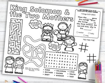 King Solomon and the Two Mothers Activity Placemat, Bible Story Coloring Placemat as Kids Activity for Sunday School or Homeschooling