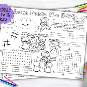 Jesus Feeds the 5000 Activity Placemat, Jesus Bible Story Coloring Placemat as Christian Kids Activity for Sunday School or Homeschooling