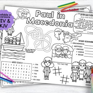 Könnte beinhalten: Schwarz-Weiß-Malvorlage mit dem Titel "Paulus in Mazedonien" mit Illustrationen eines Bootes, einer Karte und Personen. Enthält Wortsuch-, Worträtsel- und Tic-Tac-Toe-Spiele. Erhältlich in NIV- und KJV-Versionen.
