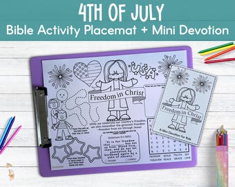 4th of July Activity Placemat + Mini Devotion, Freedom in Christ Bible Lesson for Christian Kids Activity Sunday School or Homeschooling