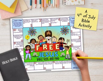 Gratis con Jesus Bible Seek and Find, gioco di caccia al tesoro biblica per il 4 luglio, attività per bambini per la scuola domenicale o l'istruzione cristiana a casa