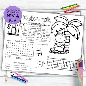 Deborah Activity Placemat, Bible Story Coloring Placemat as Kids Activity for Sunday School or Homeschooling