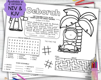 May include: A black and white printable worksheet featuring a coloring page of Deborah, a word search, a tic-tac-toe game, a word scramble, and a maze. The worksheet includes the Bible verse Judges 4:14 (NIV).