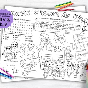 May include: Black and white coloring pages with the text "David Chosen As King" and Bible verses. Includes a word search, maze, and tic-tac-toe game. Available in NIV and KJV versions. Features illustrations of biblical figures.