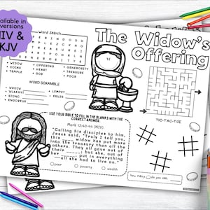 Puede incluir: Hoja de trabajo imprimible en blanco y negro con una búsqueda de palabras, un juego de palabras revueltas, un laberinto y un juego de tres en raya. La hoja de trabajo presenta una historia sobre la ofrenda de la viuda de la Biblia, Marcos 12:43-44. El texto "La ofrenda de la viuda" está en una fuente grande en la parte superior de la página.
