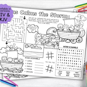 May include: A black and white coloring page featuring a scene from the Bible story of Jesus calming the storm. The image includes a boat with people in it, Jesus standing on the water, and a stormy sea. The page also includes a word search, a word scramble, and a tic-tac-toe game.