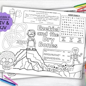 Puede incluir: Página para colorear en blanco y negro con el título "Ezequiel y los huesos secos". La página incluye un laberinto, una búsqueda de palabras y ejercicios para completar. El texto "Available in 2 versions NIV & KJV" también es visible.