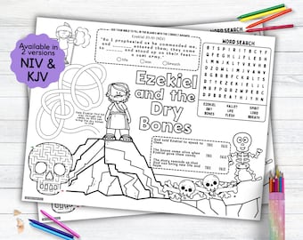 May include: Black and white coloring page with the title "Ezekiel and the Dry Bones." The page includes a maze, word search, and fill-in-the-blank questions. The text "Available in 2 versions NIV & KJV" is also visible.