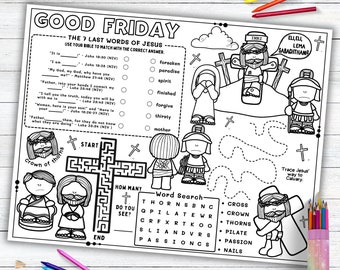 Good Friday Activity Placemat, Holy Week, Lenten Season Coloring Placemat as Kids Activity for Sunday School or Homeschooling