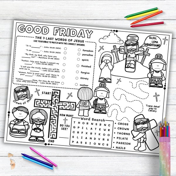 Good Friday Activity Placemat, Holy Week, Lenten Season Coloring Placemat as Kids Activity for Sunday School or Homeschooling