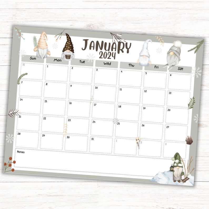 January 2024 Winter Gnome Calendar, EDITABLE/FILLABLE Winter Gnome