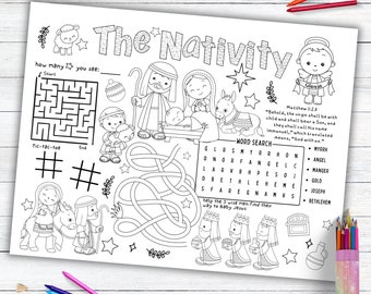 The Nativity Activity Placemat, Christmas Story Bible Story Kids Activity for Sunday School or Homeschooling