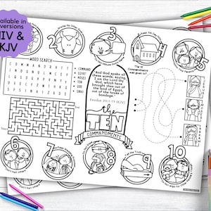 Peut inclure: Feuille de travail imprimable en noir et blanc pour les enfants sur les Dix Commandements. La feuille de travail comprend une recherche de mots, un labyrinthe et une activité de points à relier. La feuille de travail est conçue pour aider les enfants à apprendre les Dix Commandements.