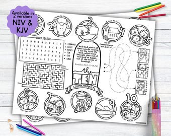 The Ten Commandments Activity Placemat, Bible Story Coloring Placemat as Christian Kids Activity for Sunday School or Homeschooling