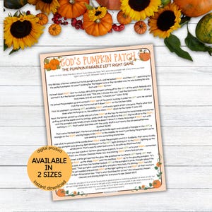 May include: A printed game sheet titled GOD'S PUMPKIN PATCH THE PUMPKIN PARABLE LEFT RIGHT GAME with orange pumpkin illustrations and text. A circular orange badge on the bottom left reads DIGITAL PRODUCT AVAILABLE IN 2 SIZES INSTANT DOWNLOAD.