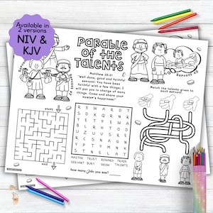 May include: Black and white coloring page featuring a parable of the talents with a word search, maze, and matching activity. The text includes the Bible verse Matthew 25:21, "Well done, good and faithful servant! You have been faithful with a few things: I will put you in charge of many things. Come and share your master's happiness!"