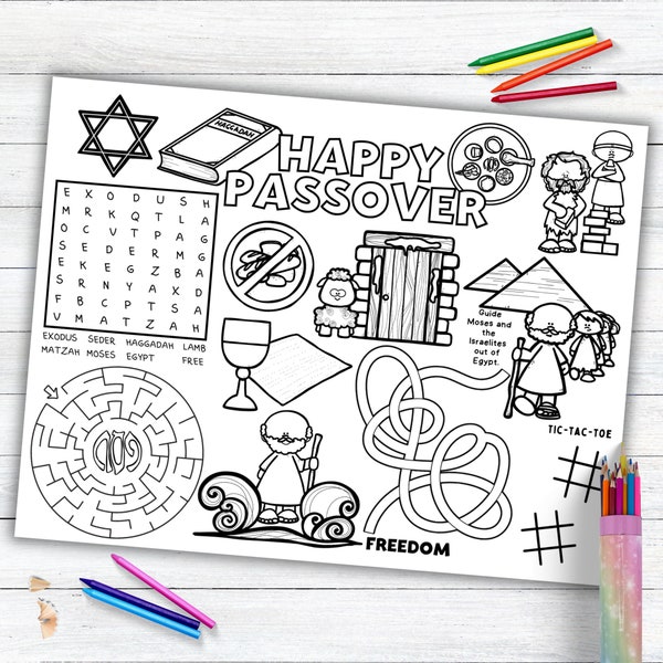 Passover Activity Placemat, Jewish Celebration, Exodus from Egypt Coloring Placemat for Kids Homeschool Activities