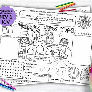 New Year Activity Placemat, Year 2025 Bible-based Coloring Placemat for Christian Kids Activity for Sunday School or Homeschooling