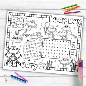 Leap Year Activity Placemat, Leap Day, February 29 Coloring Placemat for Classroom, Homeschool Activities