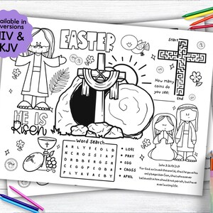 Easter Activity Placemat, Bible Story Coloring Placemat as Kids Activity for Sunday School or Homeschooling