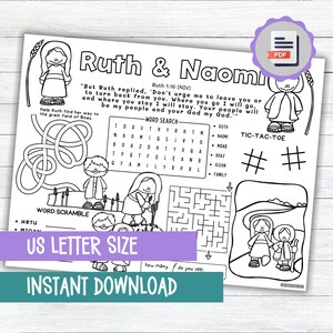 K&ouml;nnte beinhalten: Eine schwarz-wei&szlig;e druckbare Malvorlage mit Ruth und Naomi aus der Bibel. Die Seite enth&auml;lt ein Wortsuchspiel, ein Wort-Scramble, ein Tic-Tac-Toe-Spiel und ein Labyrinth. Der Text "Ruth 1:16 (NIV)" und "US Letter Size" ist ebenfalls enthalten.