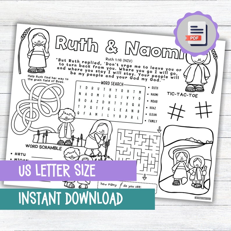 K&ouml;nnte beinhalten: Eine schwarz-wei&szlig;e druckbare Malvorlage mit Ruth und Naomi aus der Bibel. Die Seite enth&auml;lt ein Wortsuchspiel, ein Wort-Scramble, ein Tic-Tac-Toe-Spiel und ein Labyrinth. Der Text "Ruth 1:16 (NIV)" und "US Letter Size" ist ebenfalls enthalten.