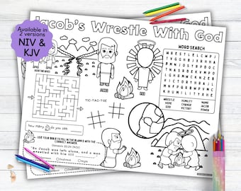 Peut inclure: Une page à colorier imprimable en noir et blanc avec un mot croisé, un labyrinthe, un jeu de morpion et des illustrations de Jacob luttant contre Dieu. Le texte "Jacob's Wrestle With God" est en haut de la page. Le texte "Available in 2 versions NIV & KJV" est dans un encadré violet en haut à gauche de la page.