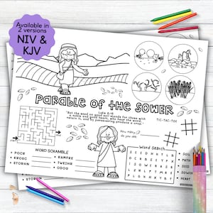 Puede incluir: Una página para colorear imprimible en blanco y negro con la parábola del sembrador, una búsqueda de palabras, un crucigrama y un juego de tres en raya. La página incluye una ilustración en blanco y negro de Jesús sembrando semillas.