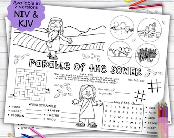 May include: A black and white printable coloring page featuring a parable of the sower with a word search, word scramble, and tic-tac-toe game. The page includes a black and white illustration of Jesus sowing seeds.