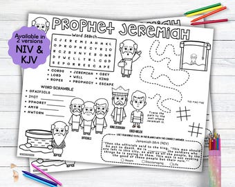 Puede incluir: Hoja de actividades imprimible en blanco y negro con el profeta Jeremías. Incluye búsqueda de palabras, juego de palabras y ejercicios para completar. Disponible en versiones NIV y KJV. Temática educativa y religiosa.