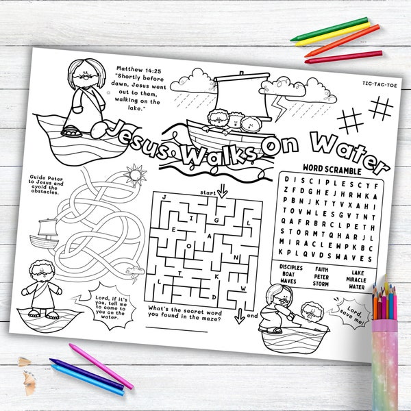 Jesus Walks on Water Activity Placemat, Life of Jesus Bible Story Coloring Placemat as Kids Activity for Sunday School or Homeschooling