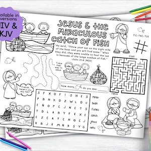 Jesus & Miraculous Catch of Fish Activity Placemat, Jesus Bible Story Coloring Placemat as Kids Activity for Sunday School or Homeschooling