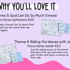 Op de afbeelding: Een lichtpaarse afbeelding met de tekst "WHY YOU'LL LOVE IT". De afbeelding bevat twee thema's: "God Can Do So Much S'more" en "Riding the Waves with Jesus", elk met een focusvers en illustraties.