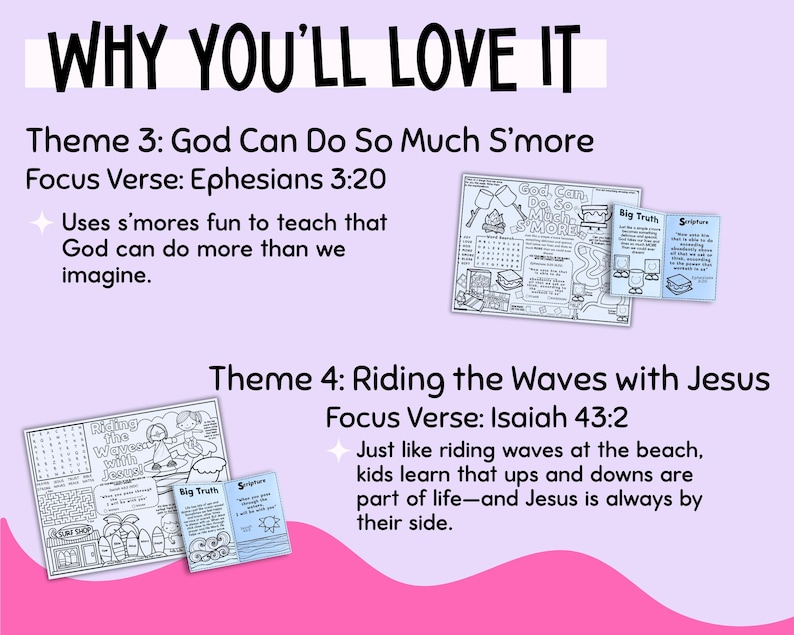 Op de afbeelding: Een lichtpaarse afbeelding met de tekst "WHY YOU'LL LOVE IT". De afbeelding bevat twee thema's: "God Can Do So Much S'more" en "Riding the Waves with Jesus", elk met een focusvers en illustraties.