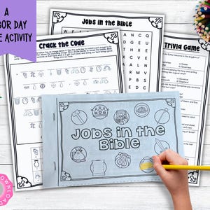 May include: A set of printable activity sheets titled Jobs in the Bible, featuring a word search, a crack the code puzzle, and a trivia game. The pages include black and white line art illustrations of various items like a crown, harp, and sword.