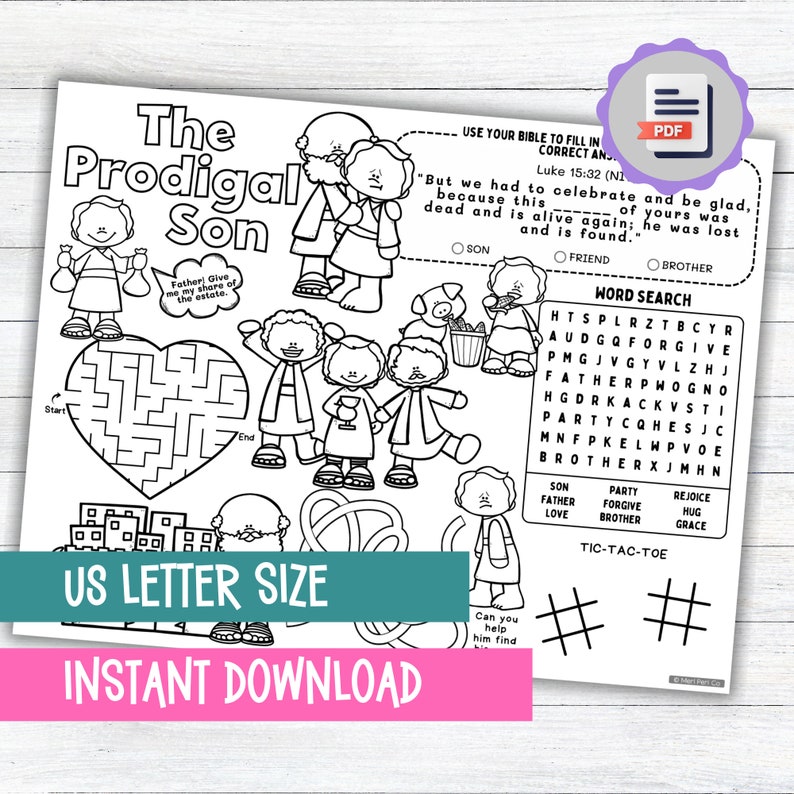 The Prodigal Son Activity Placemat, Parable of the Lost Son Bible Story ...