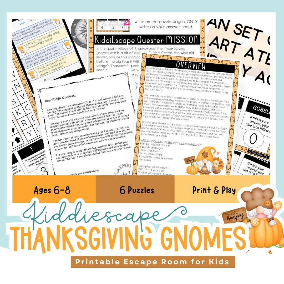 Thanksgiving Gnome Printable Escape Room for Kids | Fun and Educational ...