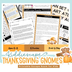 Thanksgiving Gnome Druckbare Escape Room für Kinder | Spaß und lehrreiche Erntedank-Aktivität für Kinder