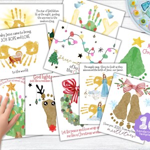 May include: Ten printable Christmas card templates featuring handprint art. The cards feature a variety of designs, including a Christmas tree, a wreath, a manger scene, and a reindeer. The cards are perfect for adding a personal touch to your holiday greetings.