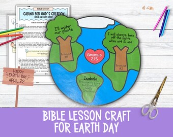 May include: A printable Earth Day craft for kids featuring a blue and green Earth with two trees. The trees have promises written on them: "I'll water our plants" and "I will always turn off the lights when not in use." The craft also includes the text "Genesis 2:15" and "Promise to Love and Protect God's Creation!"