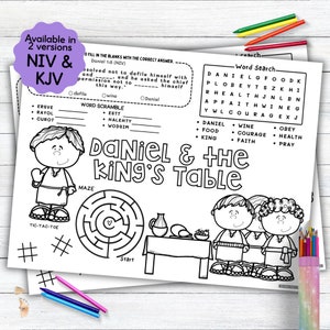 Jogo americano de atividades da mesa de Daniel e do Rei, jogo americano para colorir história da Bíblia como atividade infantil para a escola dominical ou ensino em casa
