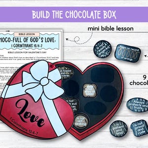 May include: A Valentine's Day themed craft kit with a heart-shaped chocolate box design. The kit includes a lesson plan, a heart-shaped box, and nine chocolate-shaped pieces with inspirational messages. The box is red with a white bow and the word "Love".