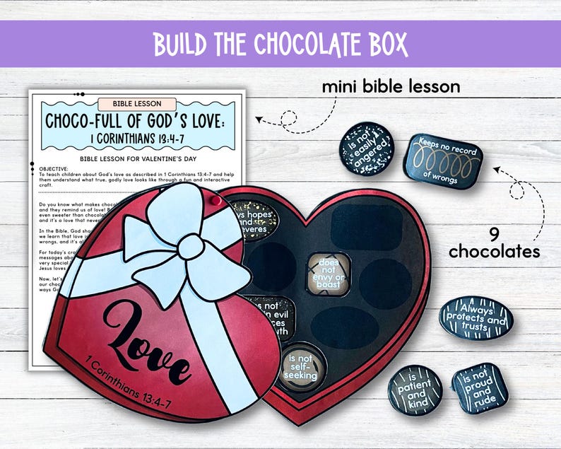 May include: A Valentine's Day themed craft kit with a heart-shaped chocolate box design. The kit includes a lesson plan, a heart-shaped box, and nine chocolate-shaped pieces with inspirational messages. The box is red with a white bow and the word "Love".