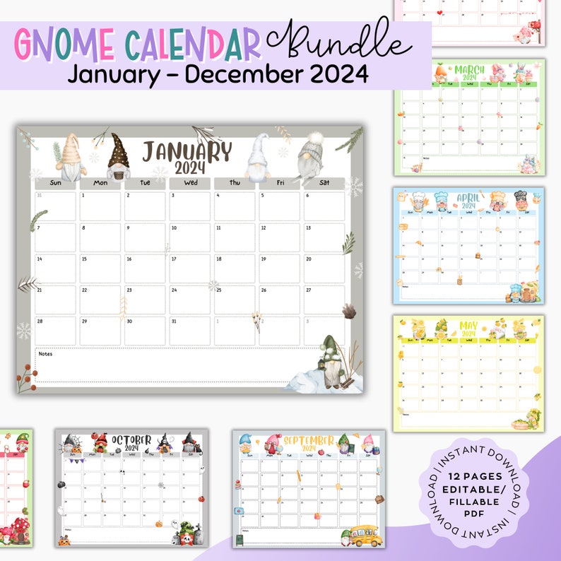 2024 Gnome Calendar Bundle, EDITABLE/FILLABLE Gnome Themed Monthly