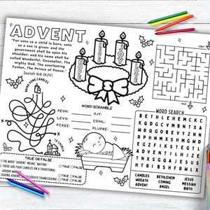 Advent Activity Placemat, Advent Coloring Placemat for Christian Catholic Kids Activity for Sunday School or Homeschooling