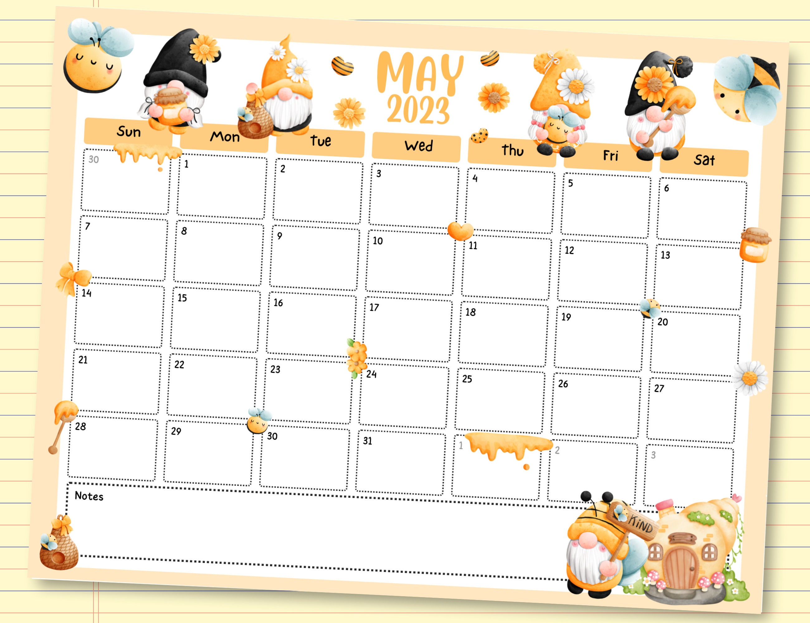 EDITABLE/FILLABLE May 2023 Gnome Calendar Bee Gnome Monthly Etsy