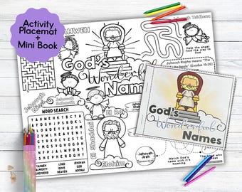 May include: A black and white activity placemat and mini book set with the text "God's Wonderful Names". The placemat includes a word search and maze. Colored pencils and crayons are also visible.